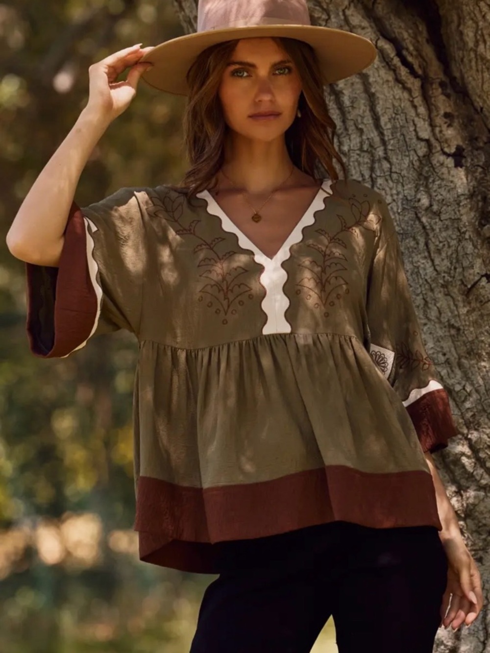 Olive & Brown Embroidered V-Neck Peasant Top